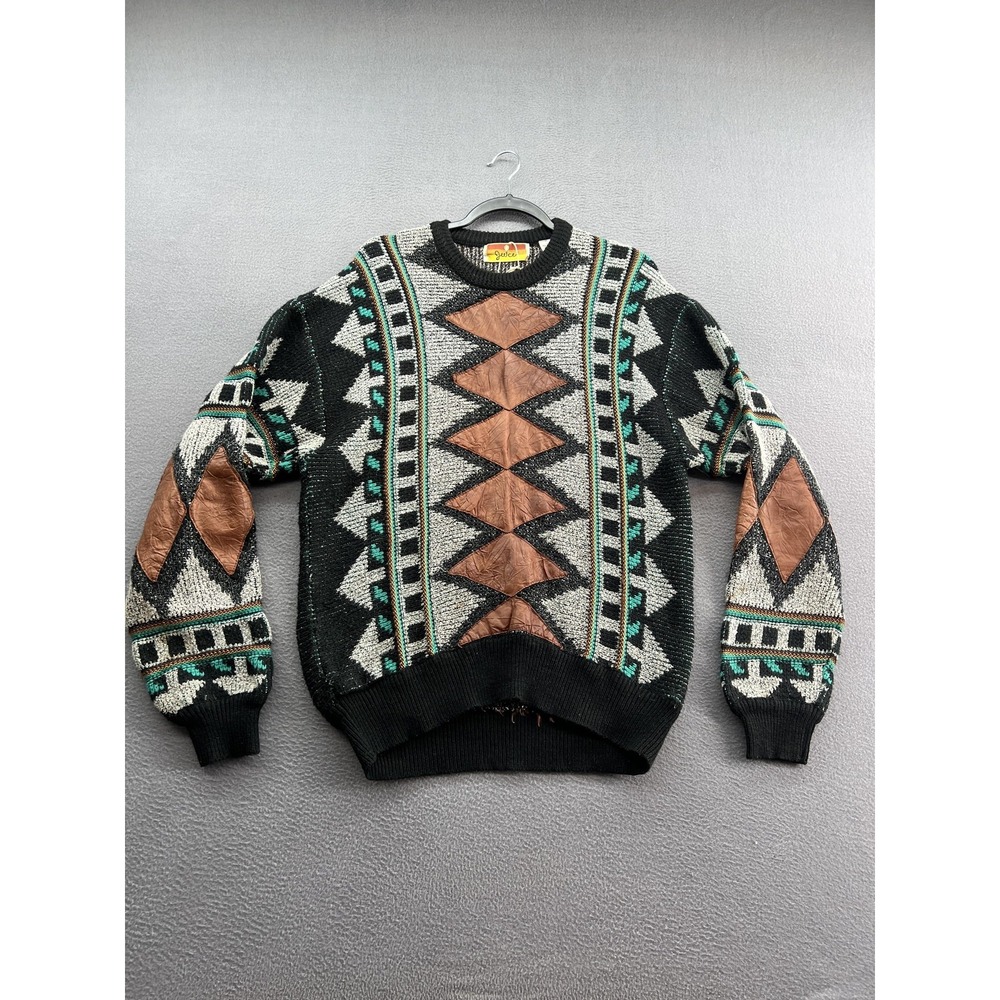 Vintage Josie Sweater Mens Large Black Gray Aztec Southwestern Leather Trim 90s
